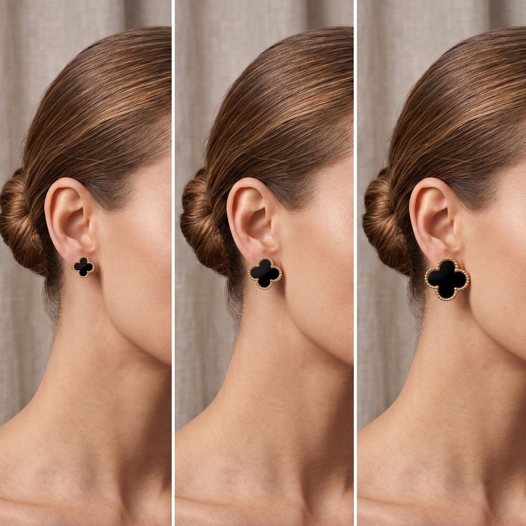 Three close-up side views of a woman wearing a black clover-shaped stud earring with a gold-tone border. The model's hair is pulled back into a bun, and the background is a soft neutral curtain.