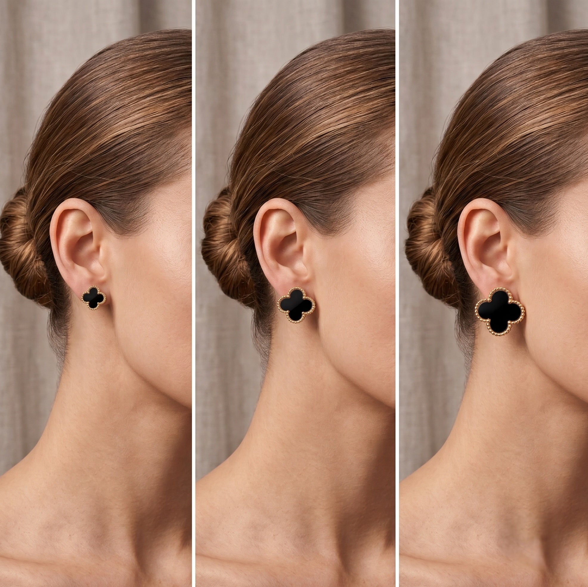 Three close-up side views of a woman wearing a black clover-shaped stud earring with a gold-tone border. The model's hair is pulled back into a bun, and the background is a soft neutral curtain.