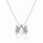 A silver butterfly pendant necklace with purple gemstone accents and a central heart charm engraved with 'I LOVE YOU', suspended on a delicate silver chain against a white background.