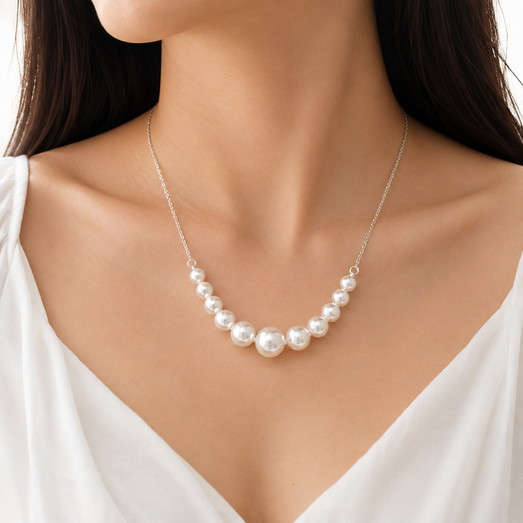 A close-up of a woman wearing a delicate silver necklace with a curved row of white freshwater pearls, styled with a white V-neck top.