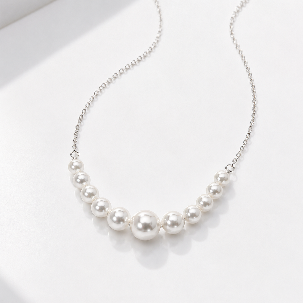 A delicate silver chain necklace featuring a graduated row of white freshwater pearls, displayed on a clean white surface.