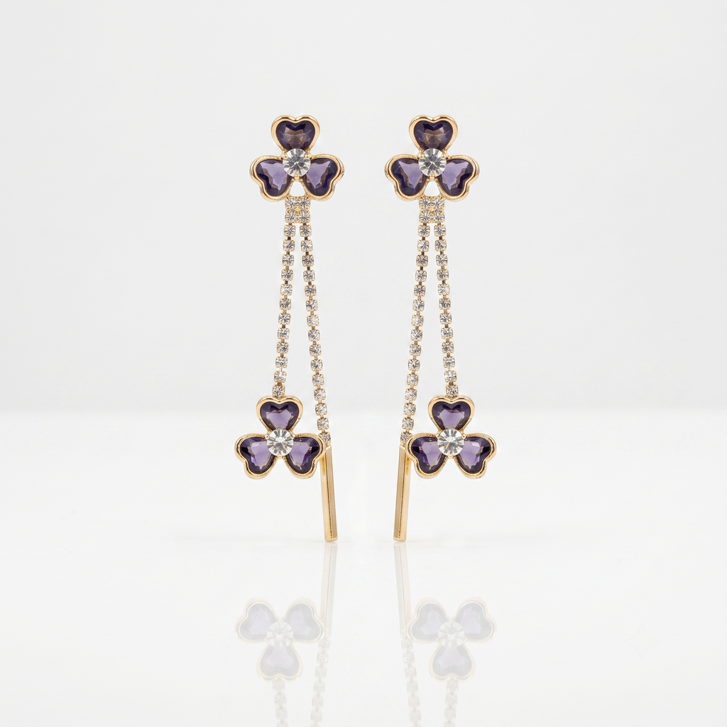 earrings with purple clover-shaped stones with diamonds and gold drop