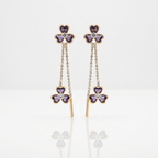 earrings with purple clover-shaped stones with diamonds and gold drop