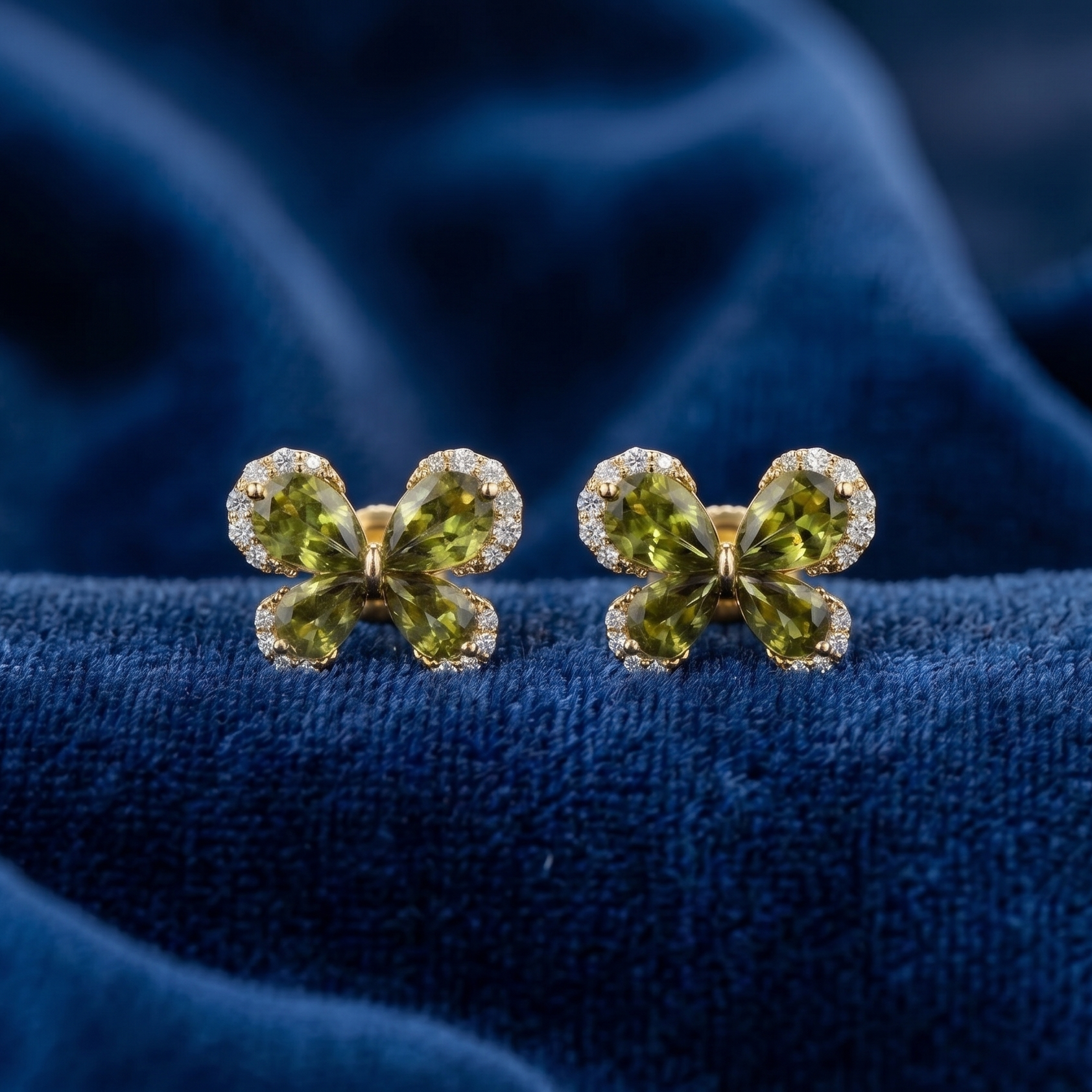 Butterfly-shaped earrings with green gemstones on a blue fabric background