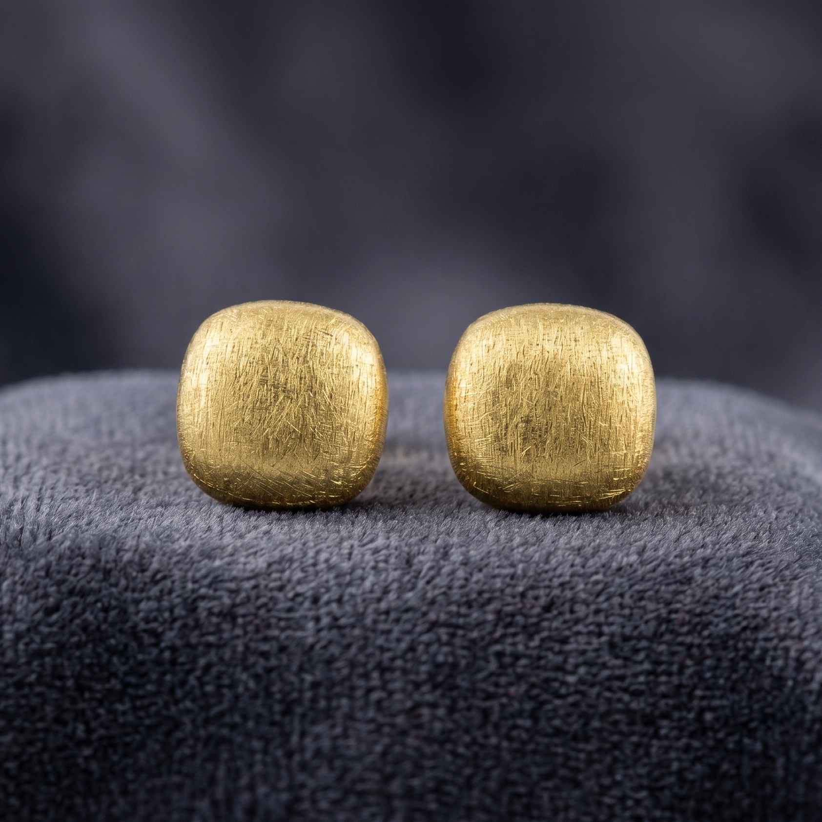 Pair of gold square earrings on a dark textured surface