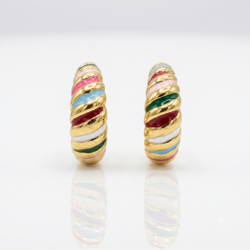Pair of gold hoop earrings with colorful stripes