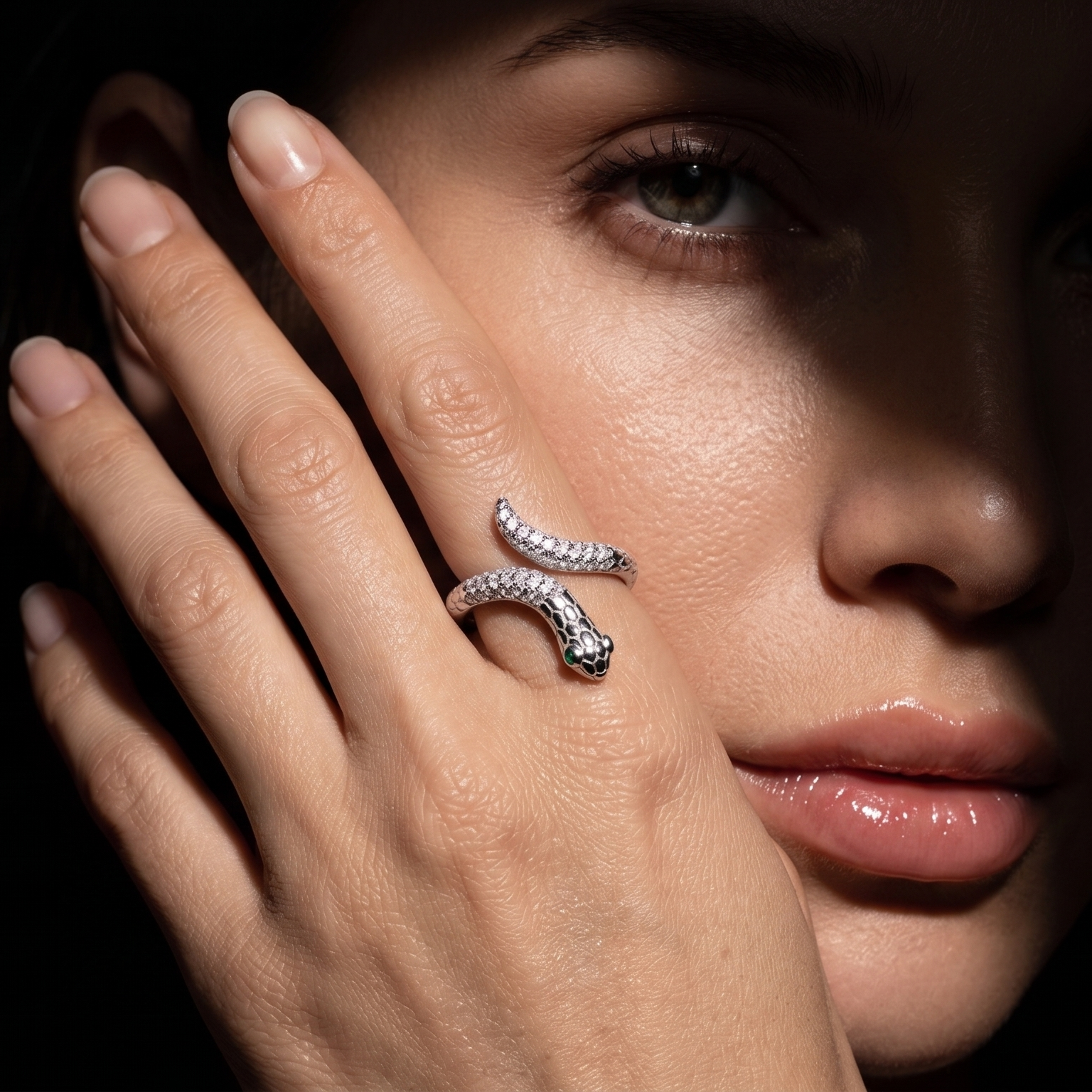 silver snake-shaped ring on her finger 