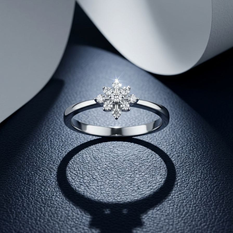 Silver ring with a snowflake-shaped diamond