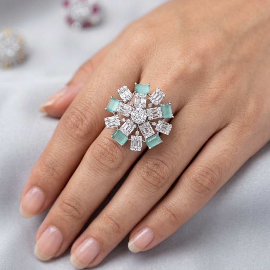 Ring with Sea green gemstone and diamond