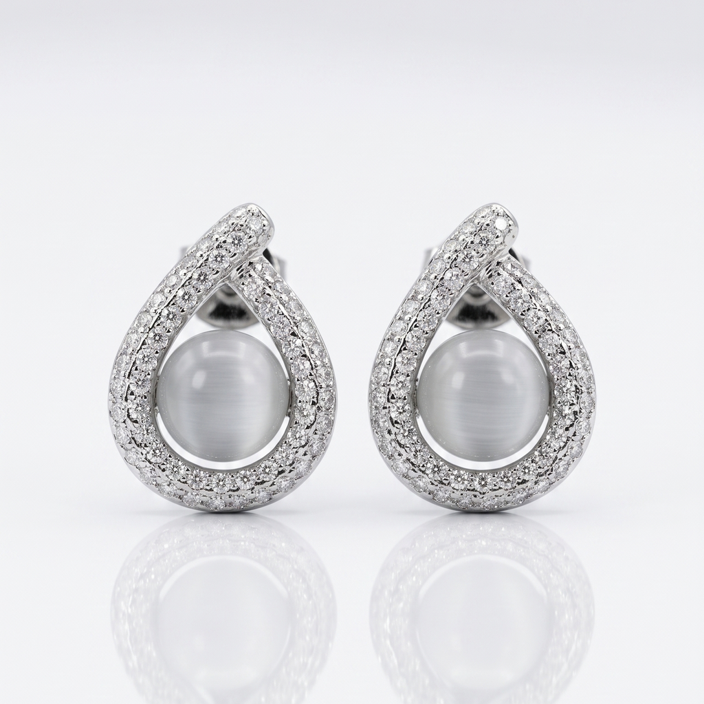 Pair of silver earrings with large gemstones on a white background