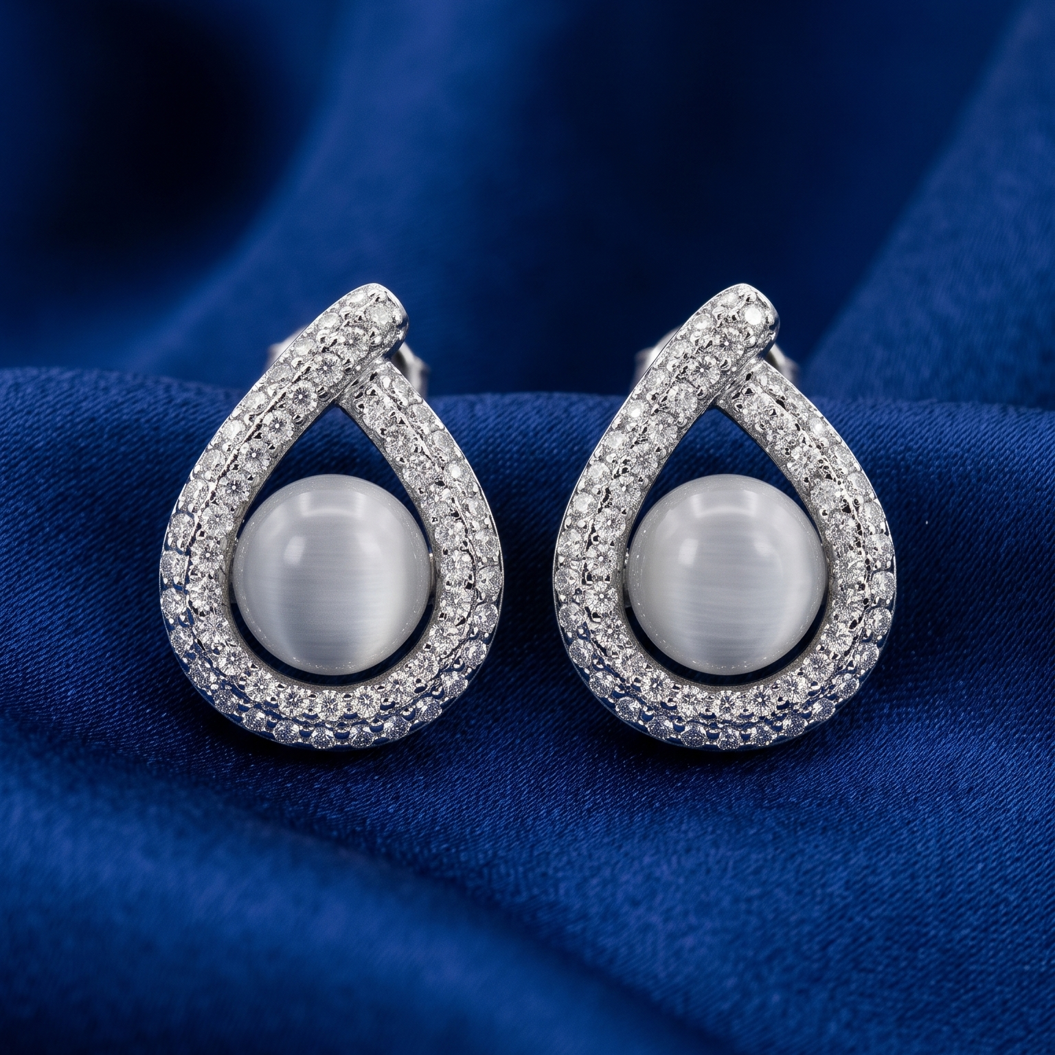 Teardrop-shaped earrings with pearls and diamonds on a blue fabric background