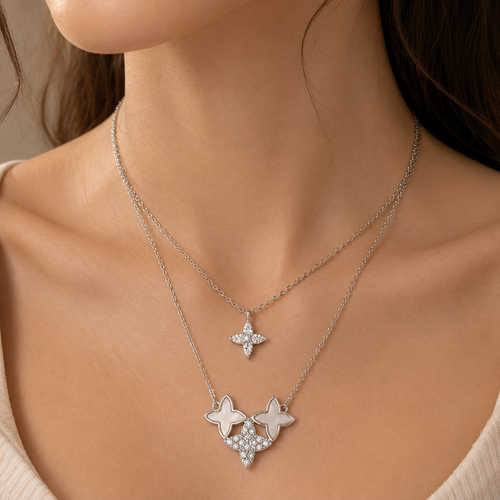 Silver star-shaped necklace on a person's neck
