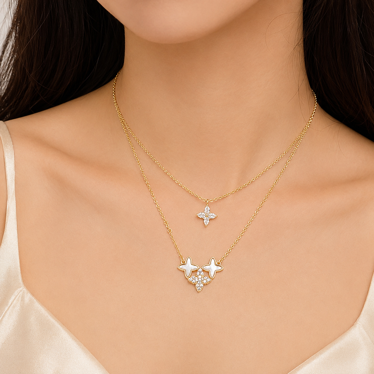 18K Gold Plated Monaco Diamond Studded Layered Clover Necklace