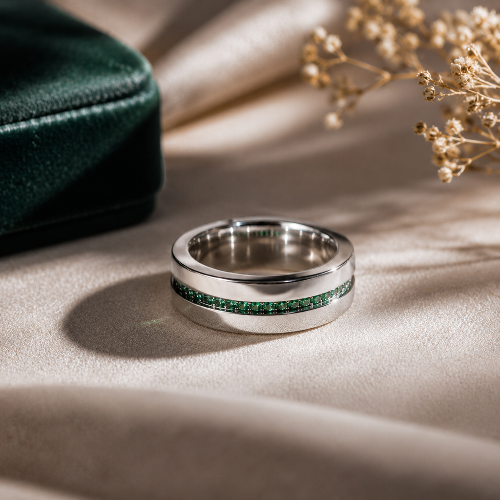 A polished silver band ring with a central channel of small green stones, displayed on a beige fabric surface with a dark green velvet box and dried flowers in the background.