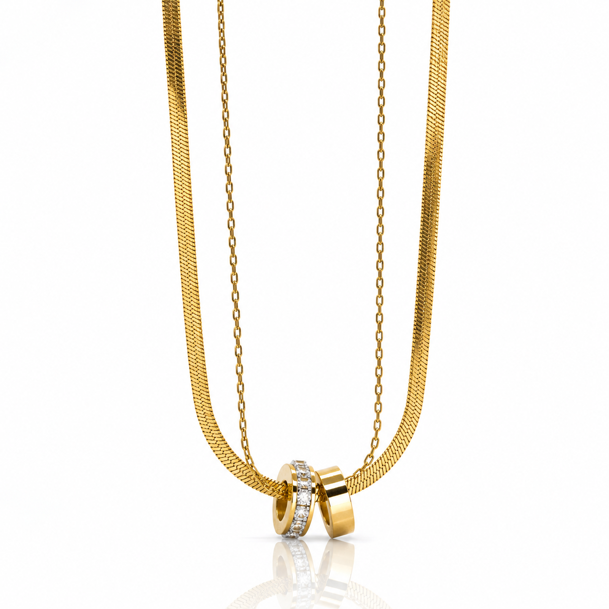Gold necklace with a pendant on a white background