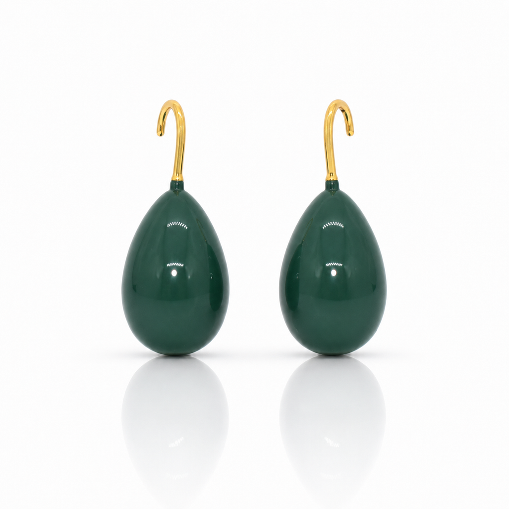 Pair of green teardrop earrings with gold hooks