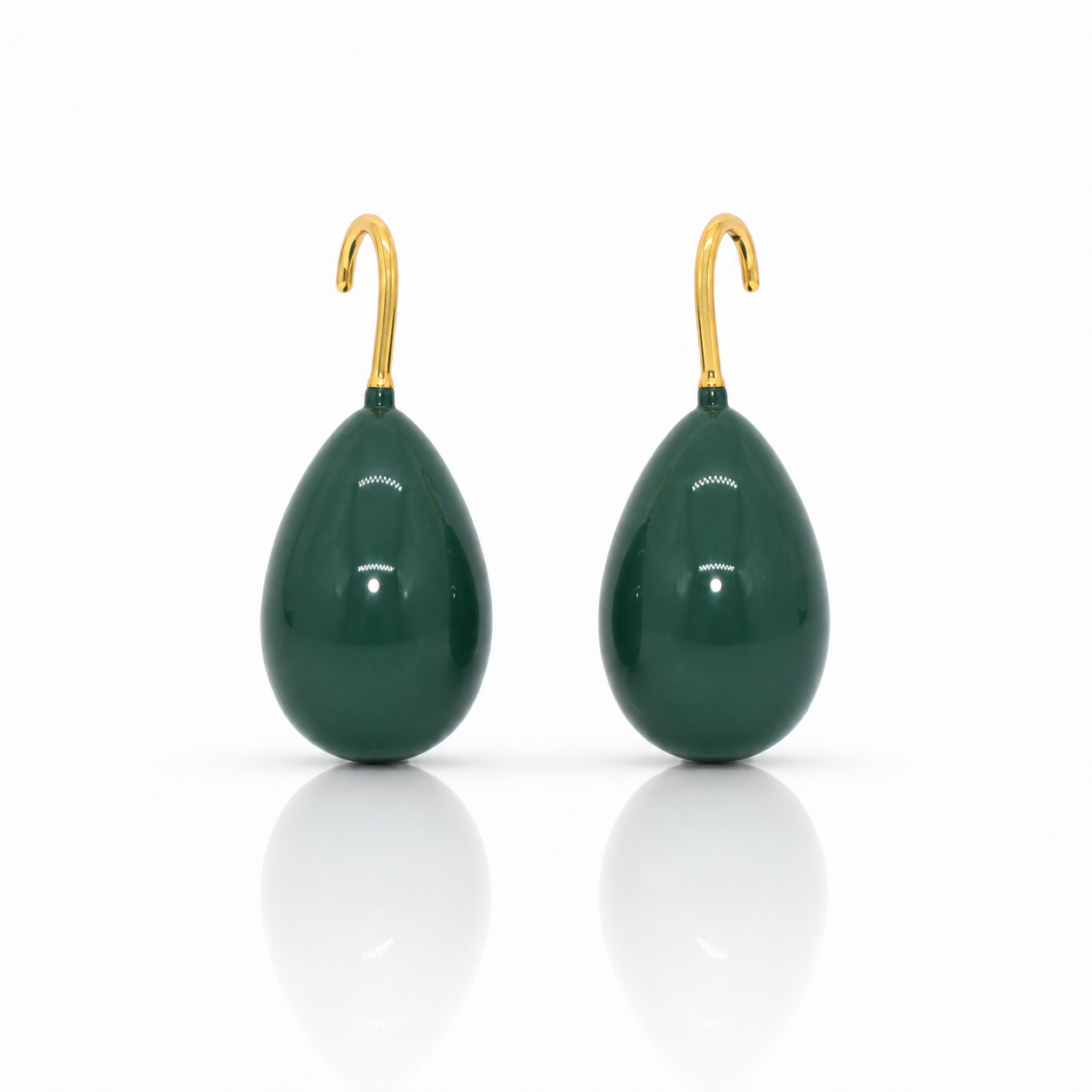 Pair of green teardrop earrings with gold hooks