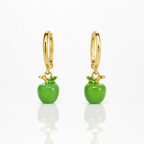 Gold hoop earrings with green apple charms