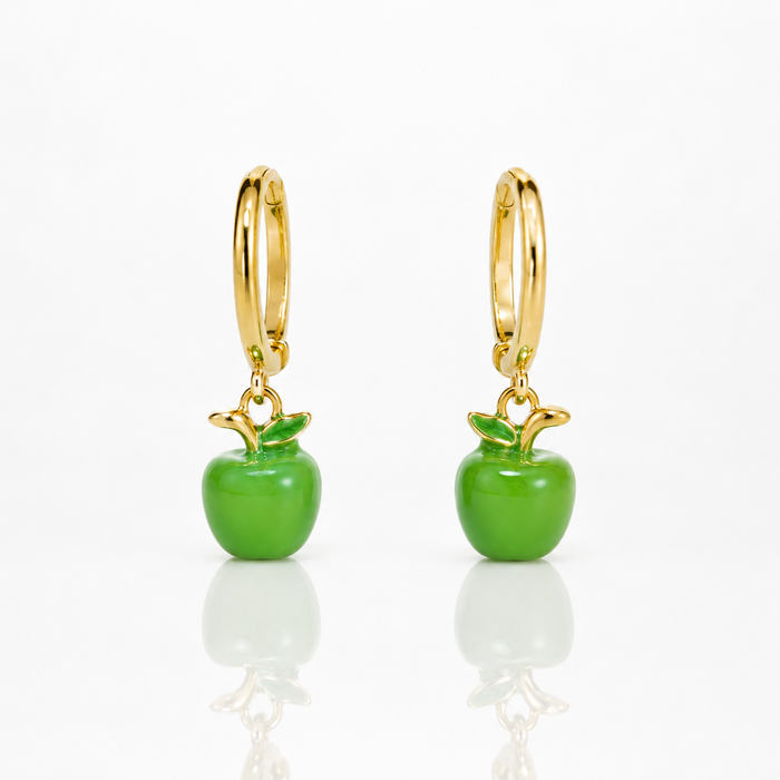 Gold hoop earrings with green apple charms