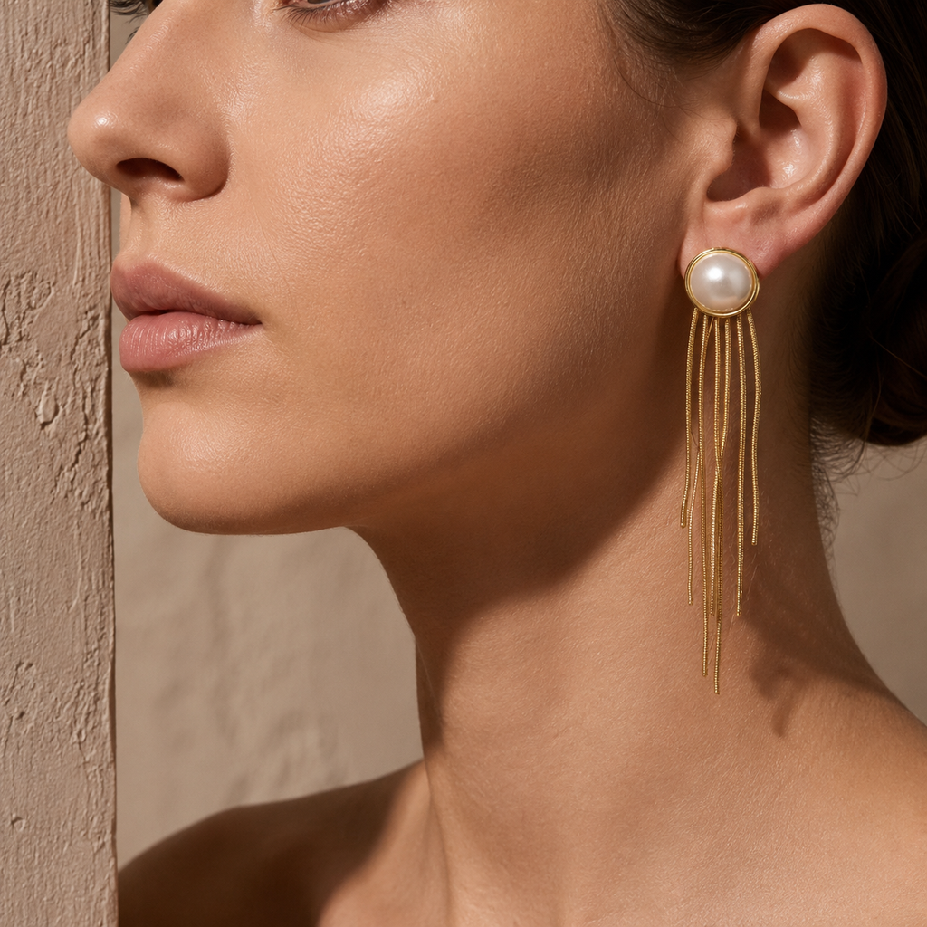 Close-up of a woman wearing a Gold-fringed earrings with pearl centers