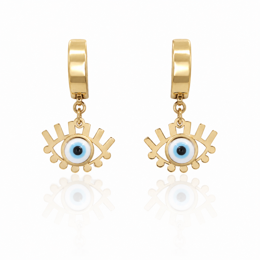 Gold hoop earrings with eye-shaped charms