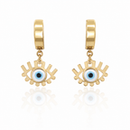 Gold hoop earrings with eye-shaped charms