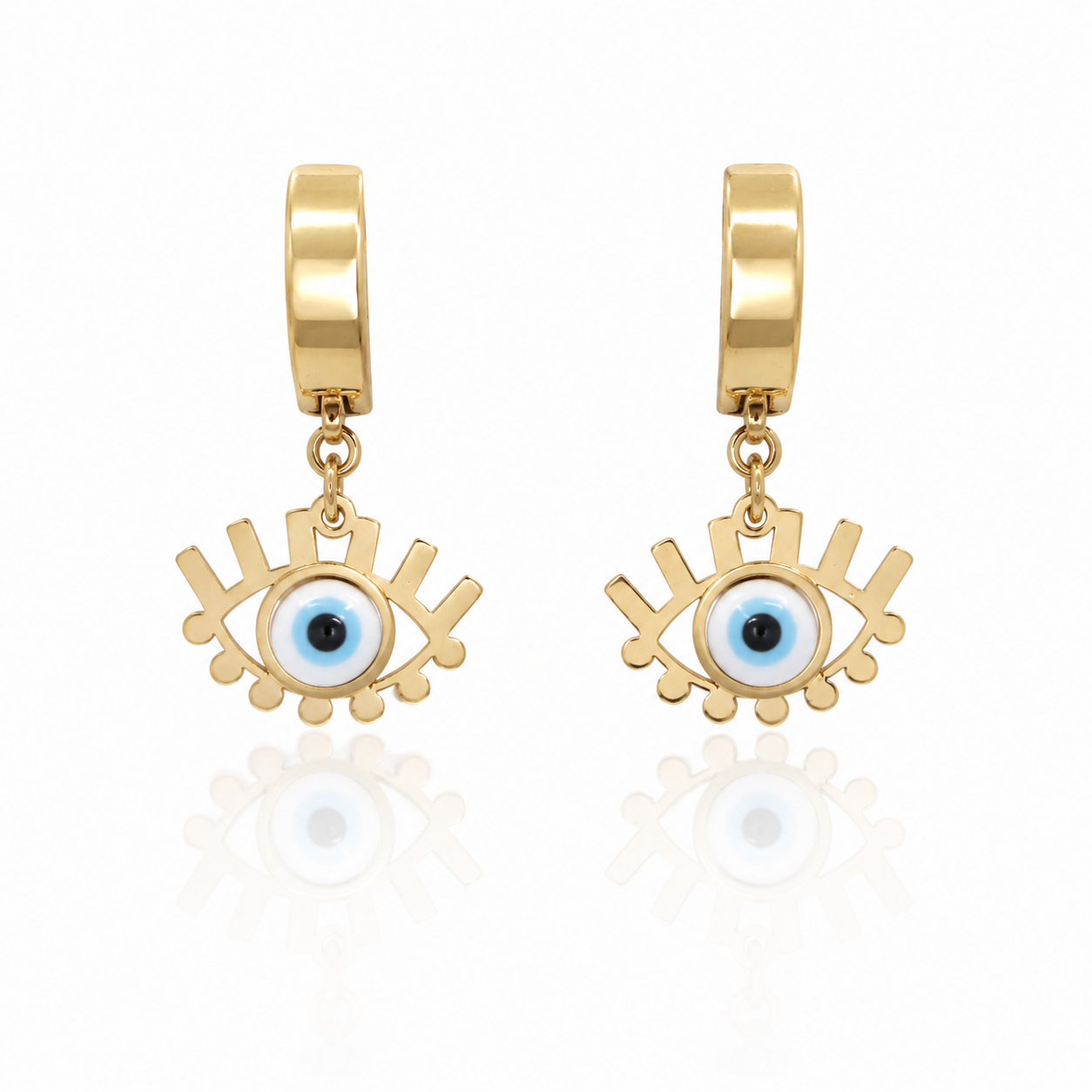 Gold hoop earrings with eye-shaped charms