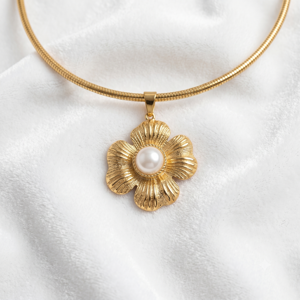 A gold snake-chain necklace with a textured gold flower pendant featuring a white faux-pearl center, displayed on a soft white fabric background.