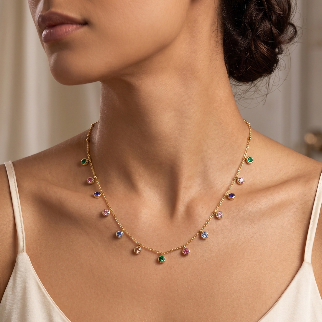 A close-up lifestyle shot of a model wearing a delicate gold necklace adorned with small, colorful gemstone drops in green, pink, blue, and purple.