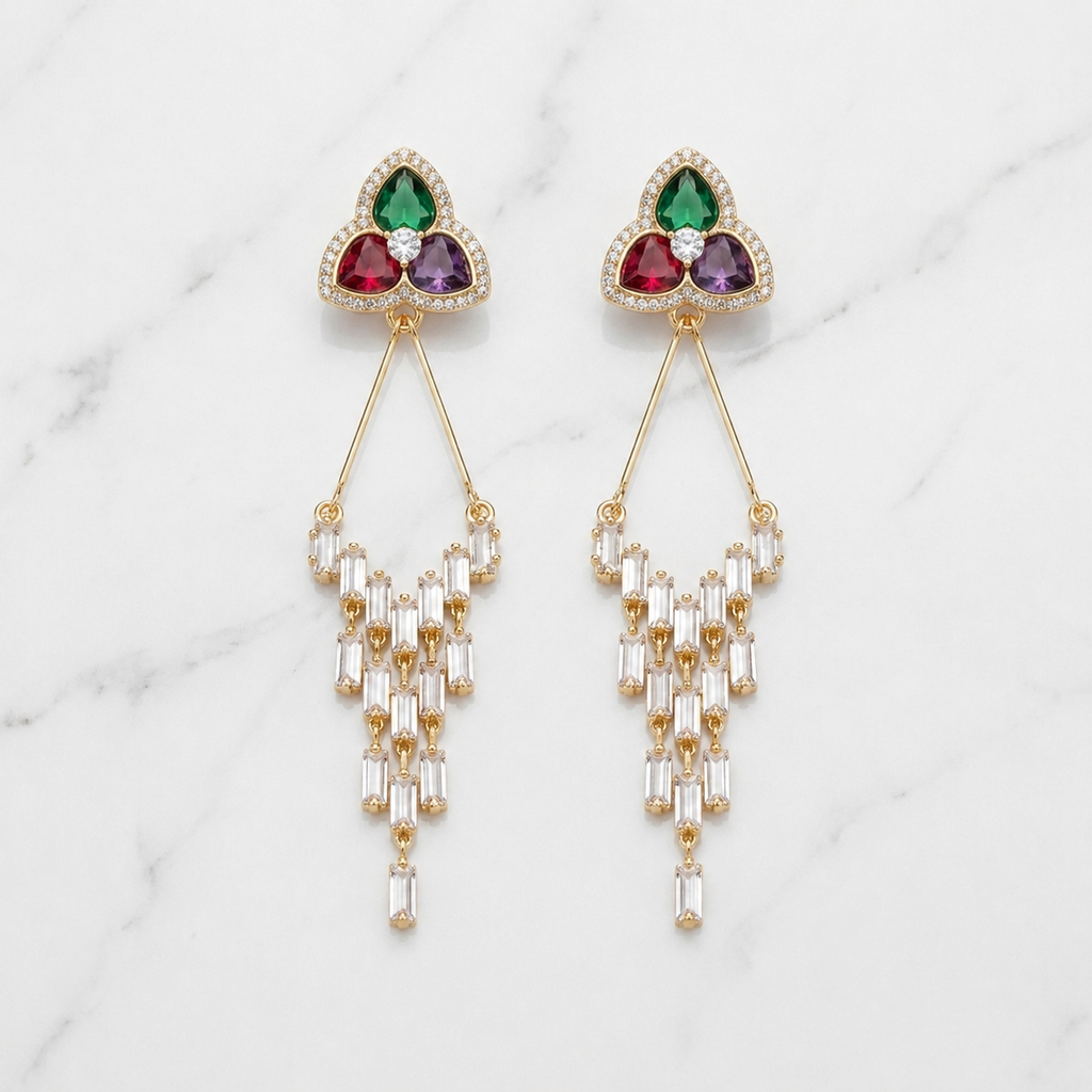Pair of triangular flower gold earrings with gemstones 