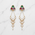 Pair of triangular flower gold earrings with gemstones 
