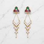 Pair of triangular flower gold earrings with gemstones 