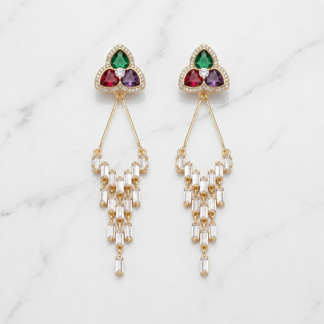 Pair of triangular flower gold earrings with gemstones 